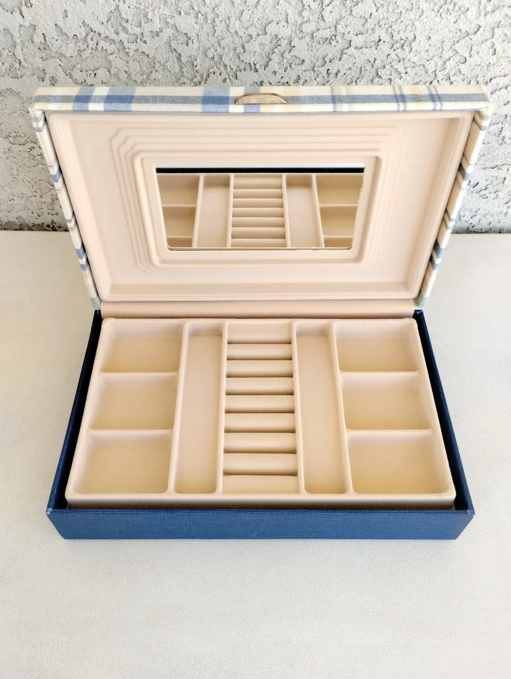 Vtg MCM 1970s Plaid Jewelry Box Set - Travel Vanity Trunk & Clamshell Case